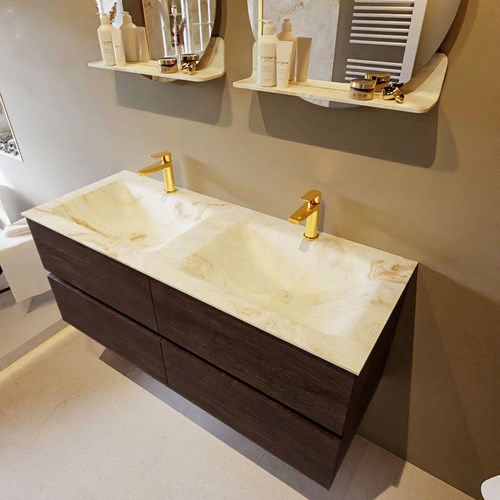 VICA-DLUX 120cm mueble de baño Dark Brown 4 cajones. Lavabo CLOUD Doble 2 orificios color Frappe.