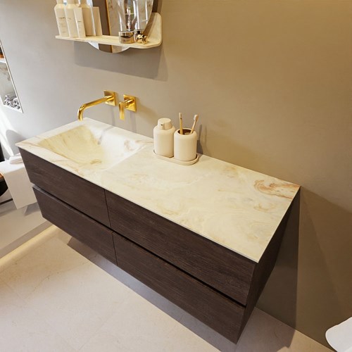 VICA-DLUX 130cm mueble de baño Dark Brown 4 cajones. Lavabo CLOUD Izquierda sin orificio color Frappe.