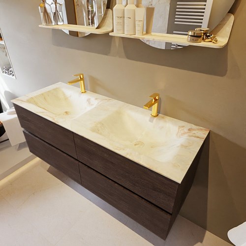 VICA-DLUX 130cm mueble de baño Dark Brown 4 cajones. Lavabo CLOUD Doble 2 orificios color Frappe.