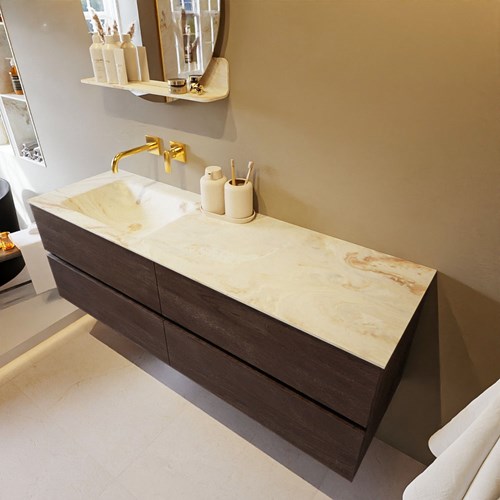 VICA-DLUX 150cm mueble de baño Dark Brown 4 cajones. Lavabo CLOUD Izquierda sin orificio color Frappe.