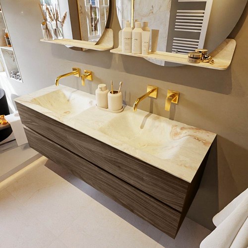 VICA-DLUX 150cm mueble de baño Mocha 2 cajones. Lavabo CLOUD Doble sin orificio color Frappe.