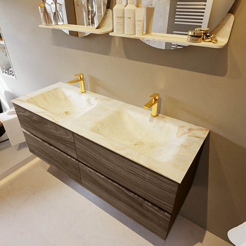 VICA-DLUX 130cm mueble de baño Mocha 4 cajones. Lavabo CLOUD Doble 2 orificios color Frappe.