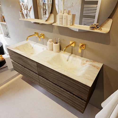 VICA-DLUX 150cm mueble de baño Mocha 4 cajones. Lavabo CLOUD Doble sin orificio color Frappe.
