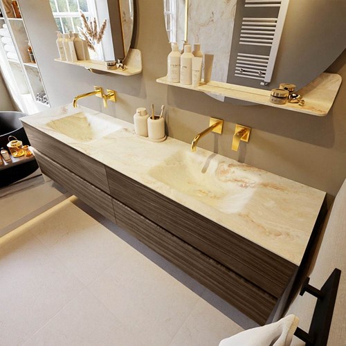 VICA-DLUX 200cm mueble de baño Mocha 4 cajones. Lavabo CLOUD Doble sin orificio color Frappe.