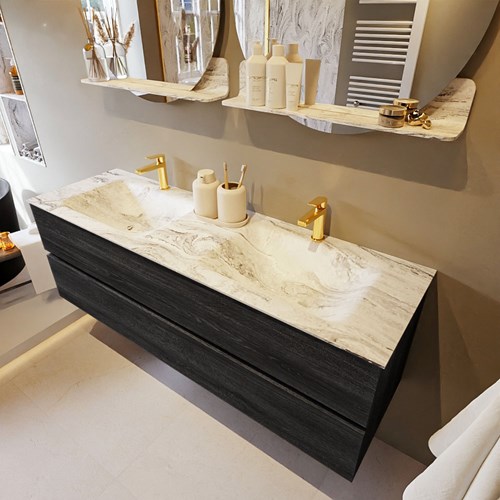 VICA-DLUX 150cm mueble de baño Antracite 2 cajones. Lavabo CLOUD Doble 2 orificios color Glace.