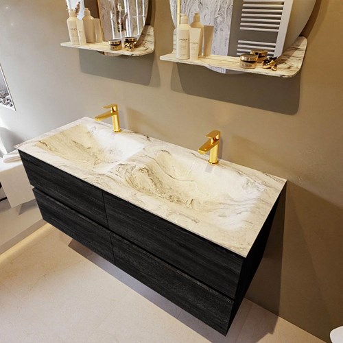 VICA-DLUX 120cm mueble de baño Antracite 4 cajones. Lavabo CLOUD Doble 2 orificios color Glace.