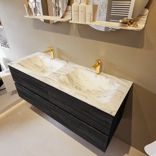 VICA-DLUX 130cm mueble de baño Antracite 4 cajones. Lavabo CLOUD Doble 2 orificios color Glace.
