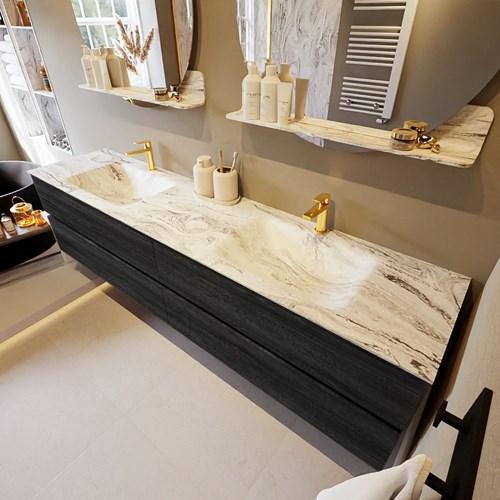 VICA-DLUX 200cm mueble de baño Antracite 4 cajones. Lavabo CLOUD Doble 2 orificios color Glace.