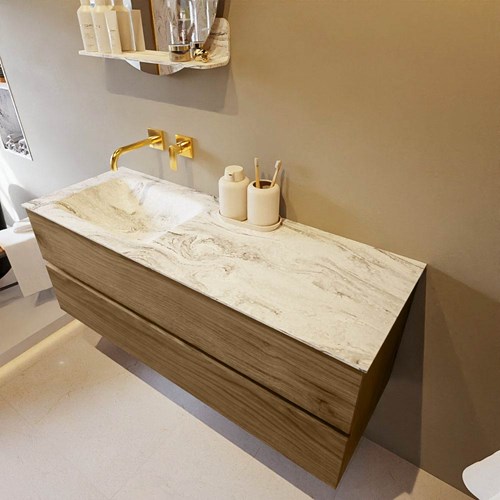 VICA-DLUX 130cm mueble de baño Chai 2 cajones. Lavabo CLOUD Izquierda sin orificio color Glace.