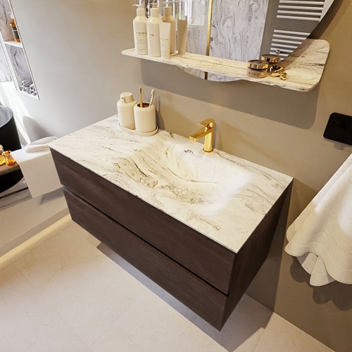 VICA-DLUX 100cm mueble de baño Dark Brown 2 cajones. Lavabo CLOUD Derecho 1 orificio color Glace.