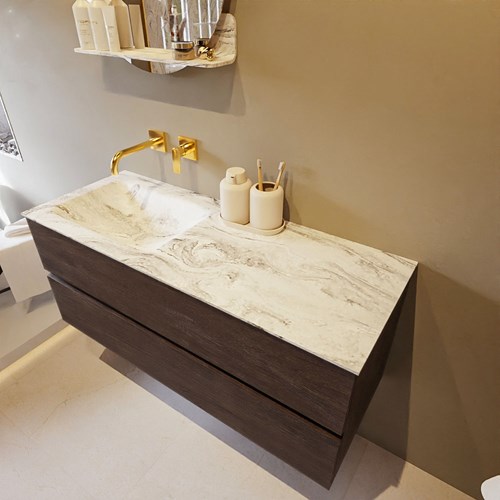 VICA-DLUX 120cm mueble de baño Dark Brown 2 cajones. Lavabo CLOUD Izquierda sin orificio color Glace.