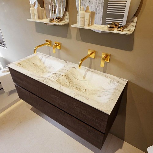 VICA-DLUX 120cm mueble de baño Dark Brown 2 cajones. Lavabo CLOUD Doble sin orificio color Glace.