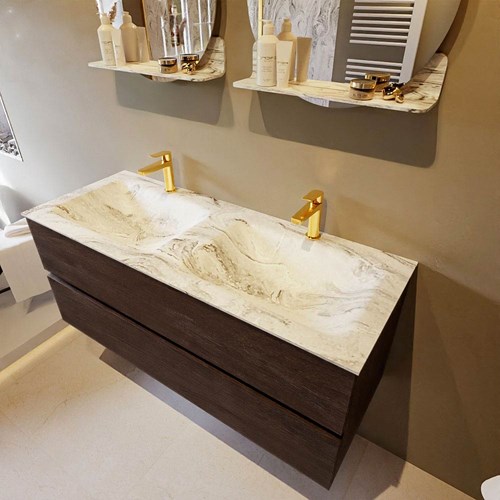 VICA-DLUX 120cm mueble de baño Dark Brown 2 cajones. Lavabo CLOUD Doble 2 orificios color Glace.