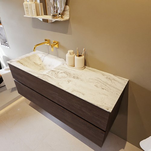 VICA-DLUX 130cm mueble de baño Dark Brown 2 cajones. Lavabo CLOUD Izquierda sin orificio color Glace.