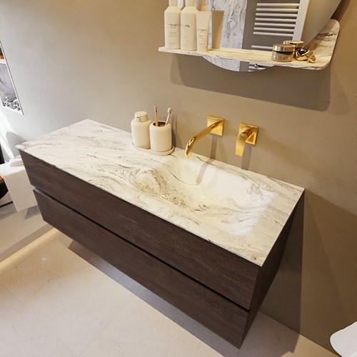 VICA-DLUX 130cm mueble de baño Dark Brown 2 cajones. Lavabo CLOUD Derecho sin orificio color Glace.