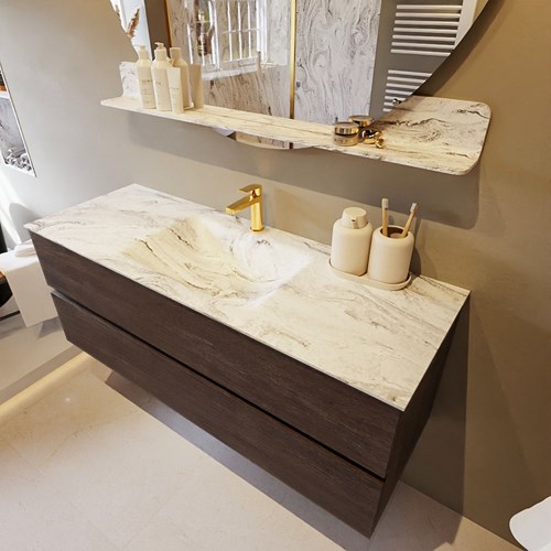 VICA-DLUX 130cm mueble de baño Dark Brown 2 cajones. Lavabo CLOUD Centro 1 orificio color Glace.
