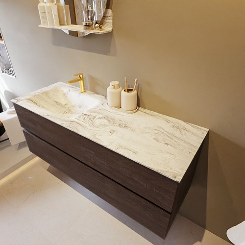 VICA-DLUX 130cm mueble de baño Dark Brown 2 cajones. Lavabo CLOUD Izquierda 1 orificio color Glace.