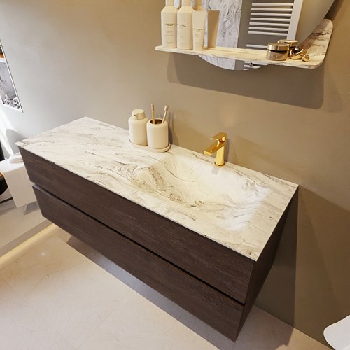 VICA-DLUX 130cm mueble de baño Dark Brown 2 cajones. Lavabo CLOUD Derecho 1 orificio color Glace.