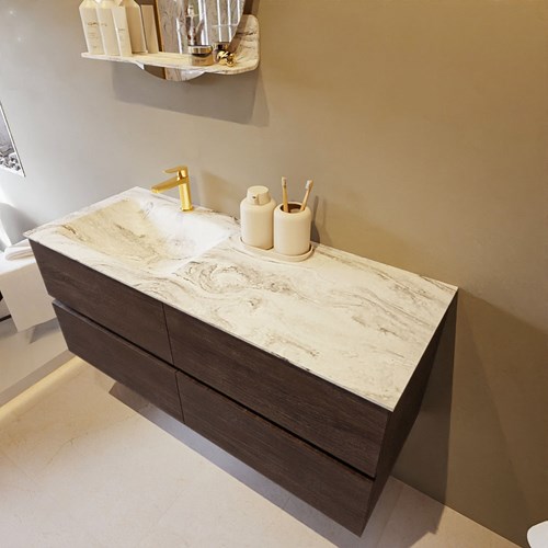 VICA-DLUX 120cm mueble de baño Dark Brown 4 cajones. Lavabo CLOUD Izquierda 1 orificio color Glace.