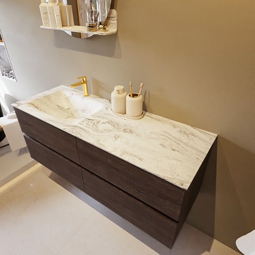 VICA-DLUX 130cm mueble de baño Dark Brown 4 cajones. Lavabo CLOUD Izquierda 1 orificio color Glace.