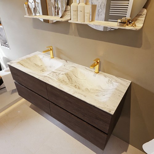 VICA-DLUX 130cm mueble de baño Dark Brown 4 cajones. Lavabo CLOUD Doble 2 orificios color Glace.