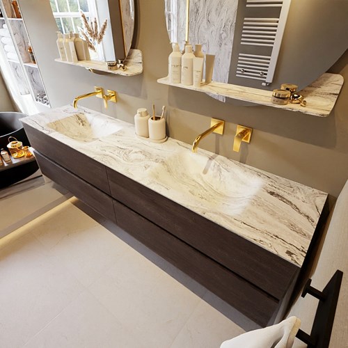 VICA-DLUX 200cm mueble de baño Dark Brown 4 cajones. Lavabo CLOUD Doble sin orificio color Glace.