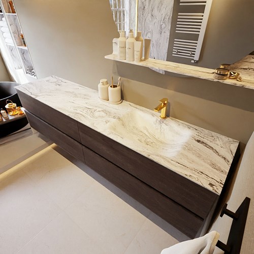 VICA-DLUX 200cm mueble de baño Dark Brown 4 cajones. Lavabo CLOUD Derecho 1 orificio color Glace.