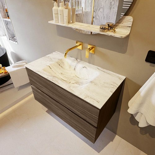 VICA-DLUX 90cm mueble de baño Mocha 2 cajones. Lavabo CLOUD Centro sin orificio color Glace.