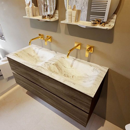 VICA-DLUX 120cm mueble de baño Mocha 2 cajones. Lavabo CLOUD Doble sin orificio color Glace.