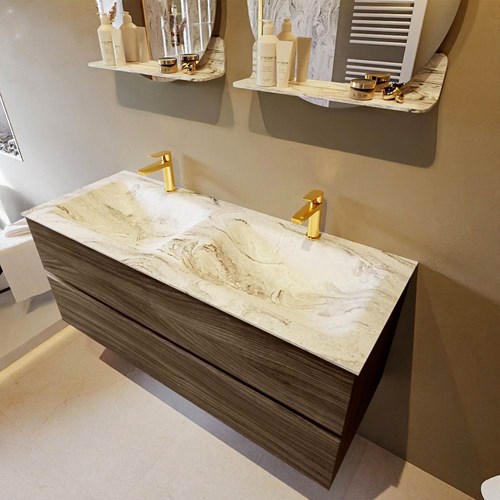 VICA-DLUX 120cm mueble de baño Mocha 2 cajones. Lavabo CLOUD Doble 2 orificios color Glace.