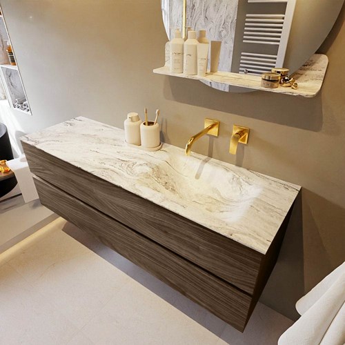 VICA-DLUX 150cm mueble de baño Mocha 2 cajones. Lavabo CLOUD Derecho sin orificio color Glace.