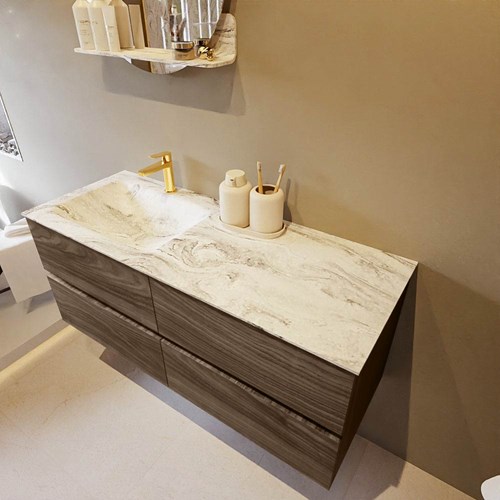 VICA-DLUX 120cm mueble de baño Mocha 4 cajones. Lavabo CLOUD Izquierda 1 orificio color Glace.