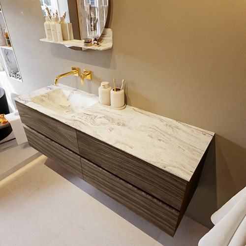 VICA-DLUX 150cm mueble de baño Mocha 4 cajones. Lavabo CLOUD Izquierda sin orificio color Glace.