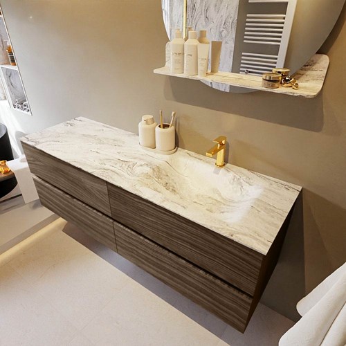 VICA-DLUX 150cm mueble de baño Mocha 4 cajones. Lavabo CLOUD Derecho 1 orificio color Glace.