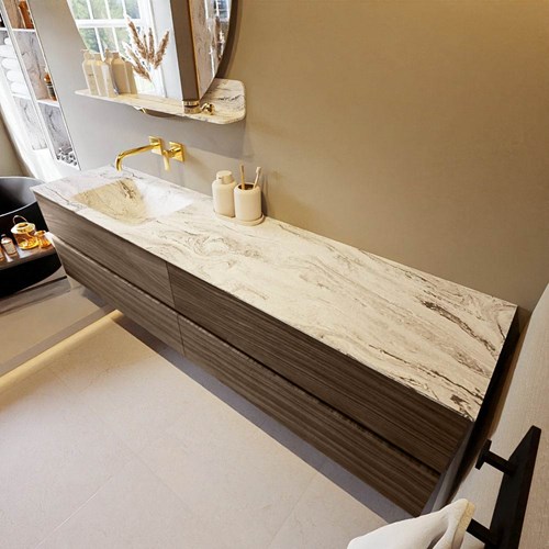 VICA-DLUX 200cm mueble de baño Mocha 4 cajones. Lavabo CLOUD Izquierda sin orificio color Glace.