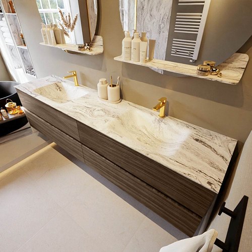 VICA-DLUX 200cm mueble de baño Mocha 4 cajones. Lavabo CLOUD Doble 2 orificios color Glace.
