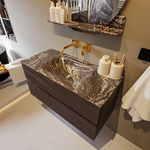 VICA-DLUX 100cm mueble de baño Dark Brown 2 cajones. Lavabo CLOUD Centro sin orificio color Lava.