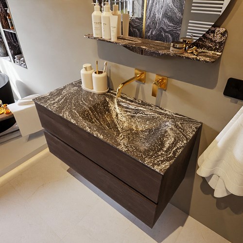 VICA-DLUX 100cm mueble de baño Dark Brown 2 cajones. Lavabo CLOUD Derecho sin orificio color Lava.