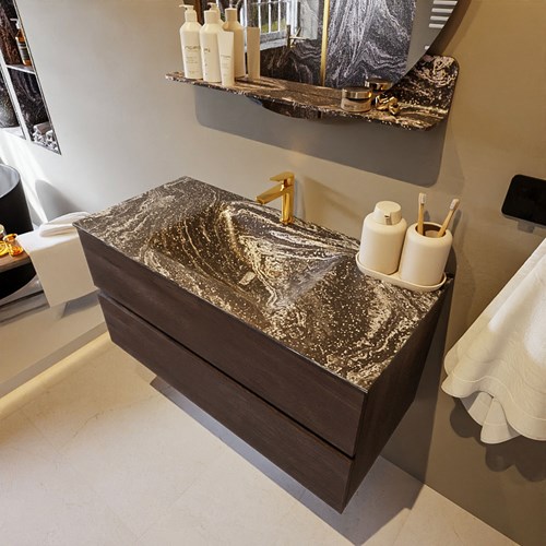 VICA-DLUX 100cm mueble de baño Dark Brown 2 cajones. Lavabo CLOUD Centro 1 orificio color Lava.