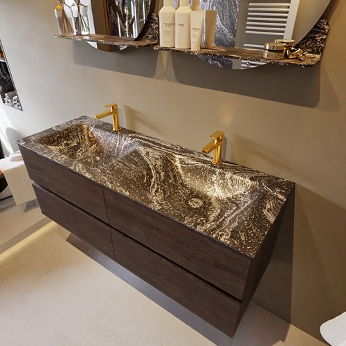 VICA-DLUX 130cm mueble de baño Dark Brown 4 cajones. Lavabo CLOUD Doble 2 orificios color Lava.
