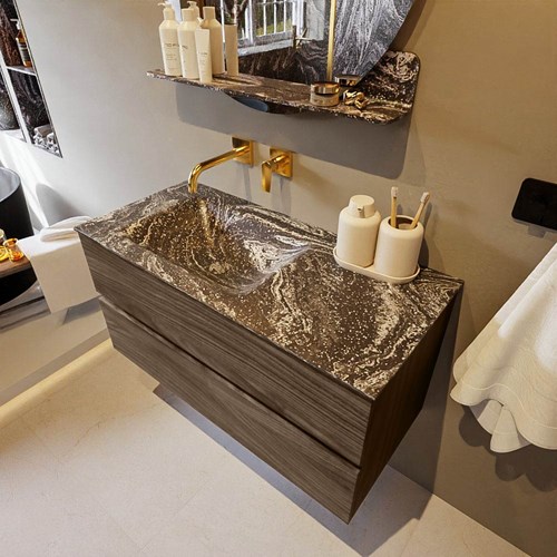 VICA-DLUX 100cm mueble de baño Mocha 2 cajones. Lavabo CLOUD Izquierda sin orificio color Lava.