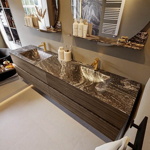 VICA-DLUX 200cm mueble de baño Mocha 4 cajones. Lavabo CLOUD Doble 2 orificios color Lava.