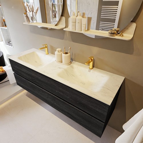 VICA-DLUX 150cm mueble de baño Antracite 2 cajones. Lavabo CLOUD Doble 2 orificios color Opalo.