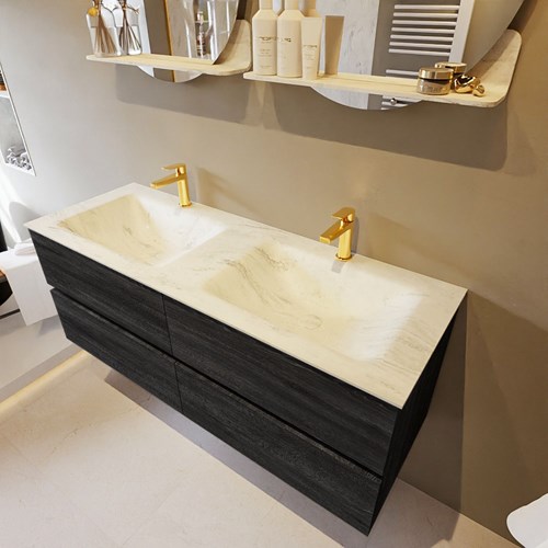 VICA-DLUX 130cm mueble de baño Antracite 4 cajones. Lavabo CLOUD Doble 2 orificios color Opalo.