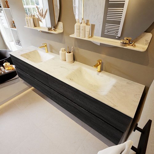 VICA-DLUX 200cm mueble de baño Antracite 4 cajones. Lavabo CLOUD Doble 2 orificios color Opalo.