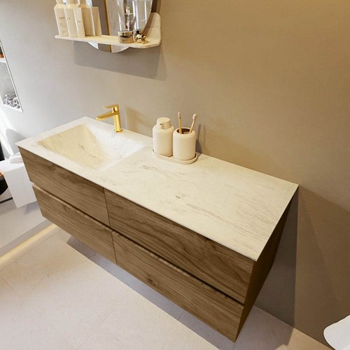 VICA-DLUX 130cm mueble de baño Chai 4 cajones. Lavabo CLOUD Izquierda 1 orificio color Opalo.