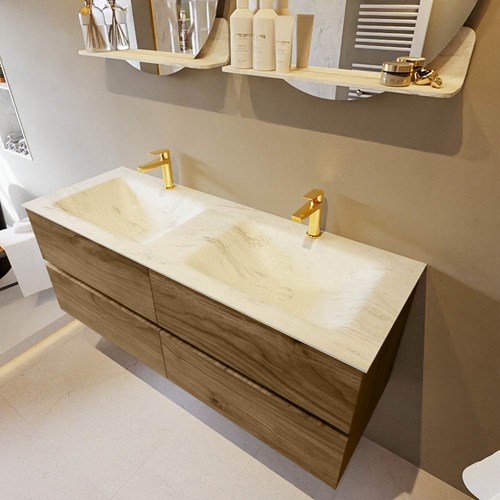 VICA-DLUX 130cm mueble de baño Chai 4 cajones. Lavabo CLOUD Doble 2 orificios color Opalo.