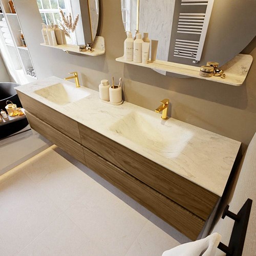 VICA-DLUX 200cm mueble de baño Chai 4 cajones. Lavabo CLOUD Doble 2 orificios color Opalo.