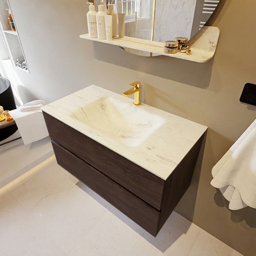 VICA-DLUX 90cm mueble de baño Dark Brown 2 cajones. Lavabo CLOUD Centro 1 orificio color Opalo.