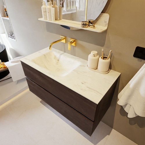 VICA-DLUX 100cm mueble de baño Dark Brown 2 cajones. Lavabo CLOUD Izquierda sin orificio color Opalo.
